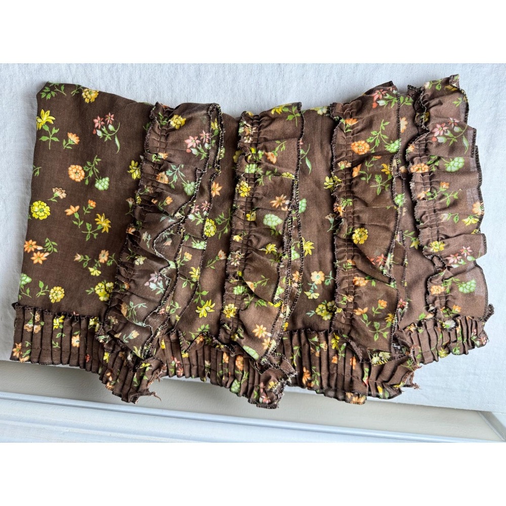 Vintage Set 4 Brown Floral Cafe Curtains Ruffled Ditsy Flower Tier Cotagecore
